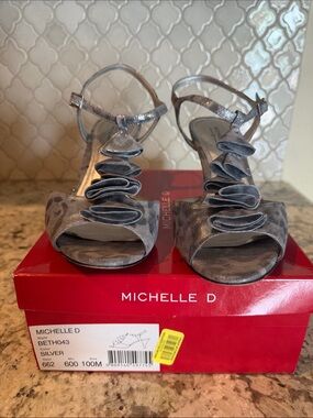 Michelle D Metallic Silver Ruffle Front Open-Toe Heels